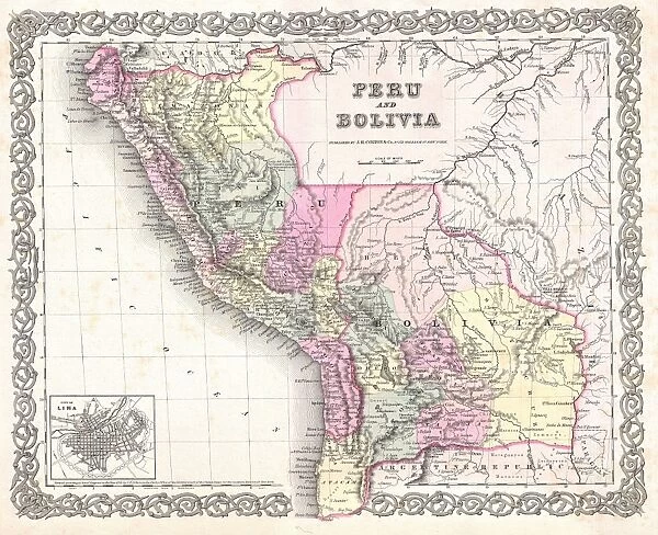 1855, Colton Map of Peru and Bolivia, topography, cartography, geography, land, illustration