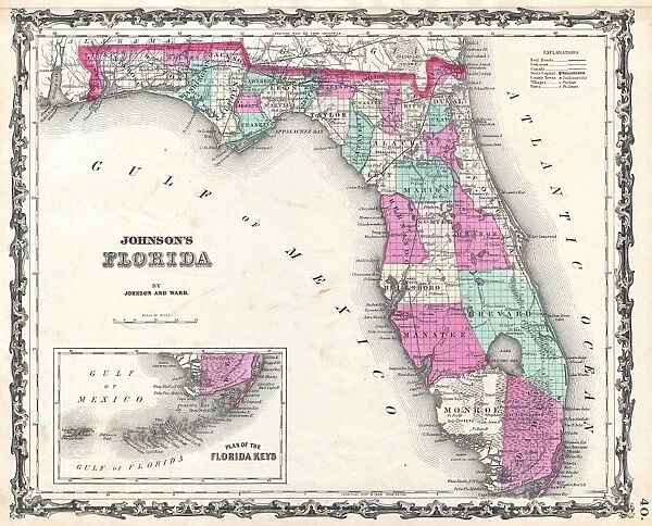 1862, Johnson Map of Florida, topography, cartography, geography, land, illustration