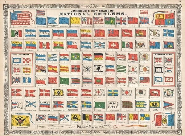 1864, Johnson Chart of the Flags and National Emblems of the World, topography, cartography