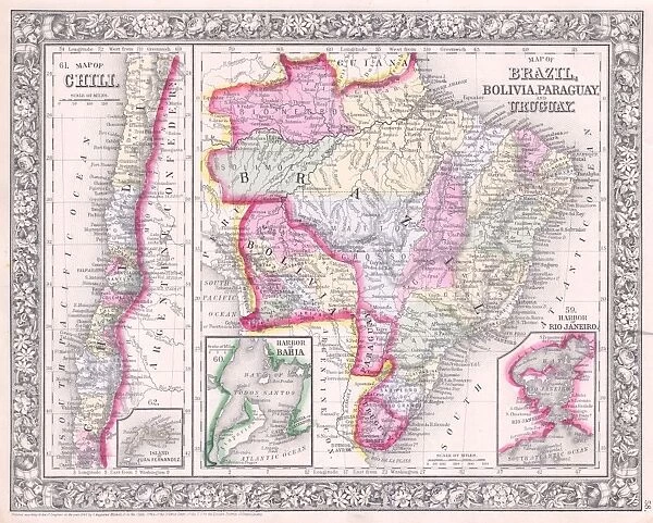 1864, Mitchell Map of Brazil, Bolivia and Chili, topography, cartography, geography