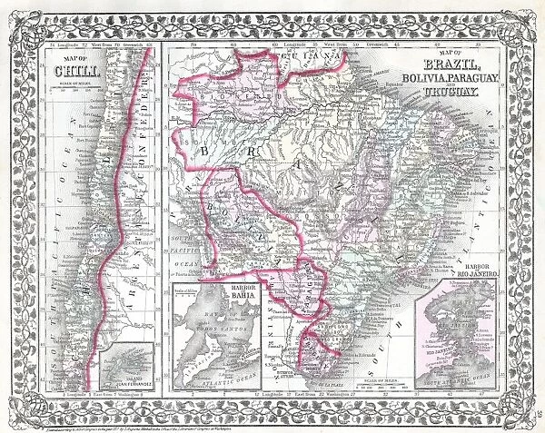 1874, Mitchell Map of South America, Brazil, Bolivia, Papaguay, Uruguay and Chili