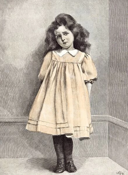 1892, bushy hair, dress, e. patry, puff sleeve, puffed sleeve, shy, white collar