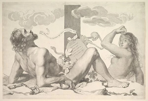 Adam Eve Foot Cross ca 1647 Engraving sheet 15 3  /  8 x 22 5  /  8