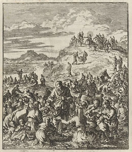 Apostles give bread to the crowd, Christ on a mountain top, Jan Luyken, Jan Rieuwertsz
