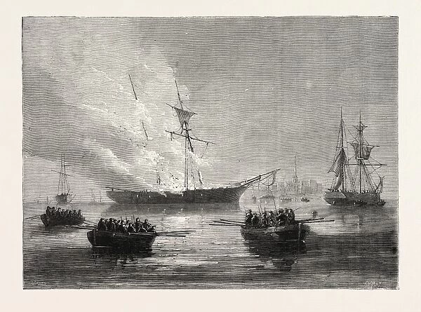 THE BURNING OF THE GASPEe, 1870s engraving