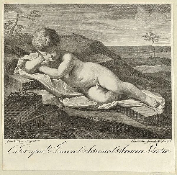 Drawings Prints, Print, Christ, Child, sleeping, cross, landscape, crown thorns foreground