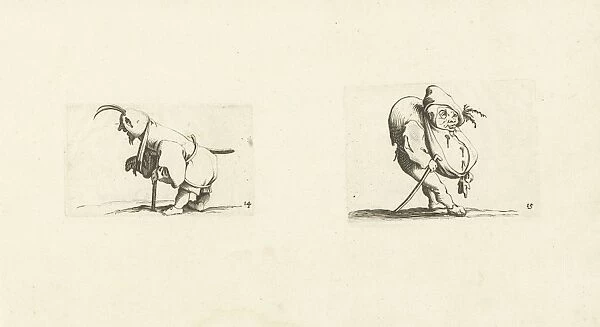 Dwarf with sling, stool and sword; Dwarf with walking stick, Jacques Callot, Abraham