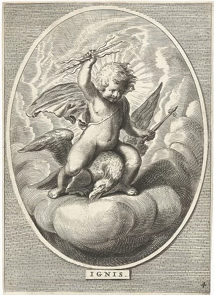Element fire as a child with lightning bolts on back of eagle, Cornelis van Dalen II