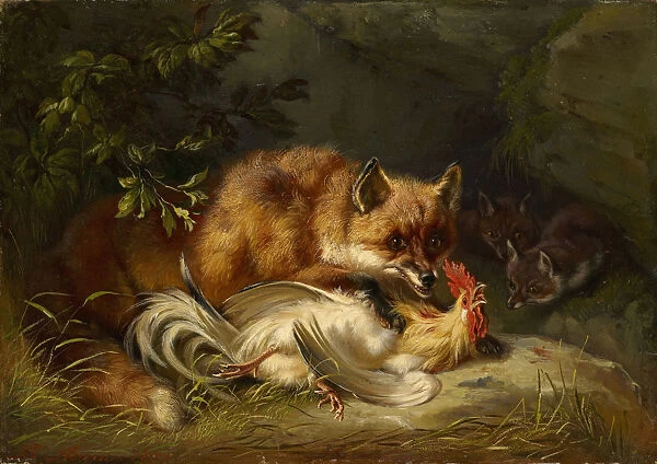 Fox capturing rooster 1855 oil canvas 24 x 34. 1 cm