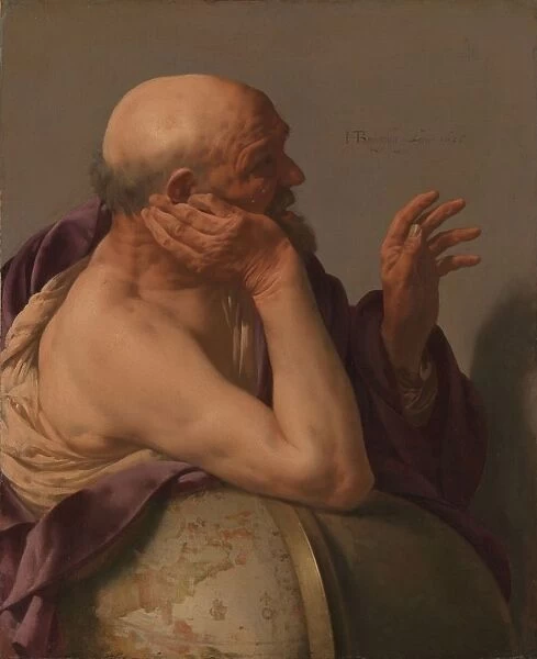 Heraclitus talking gesturing leaning earth globe