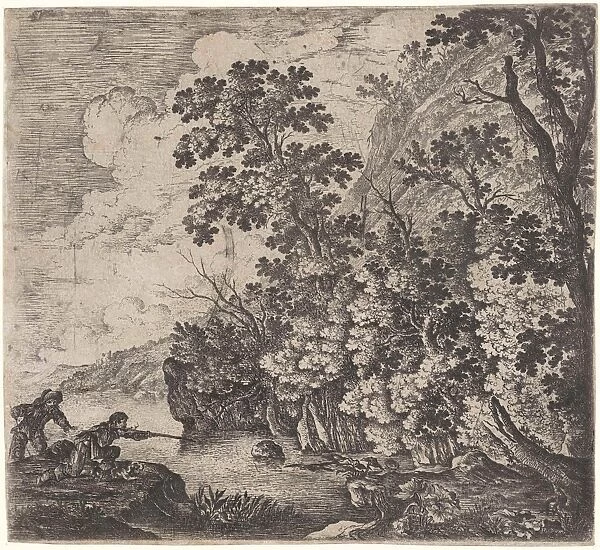 Hunters in a river in a mountainous landscape, attributed to Herman Saftleven, 1626
