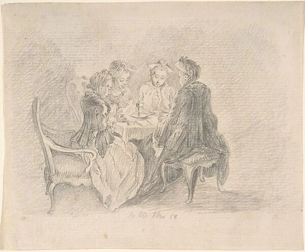 Four Ladies Sitting Table Occupied Needlework