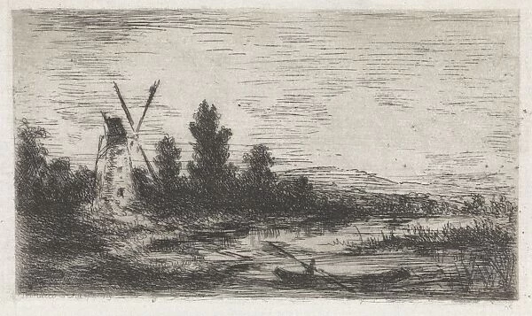 Landscape with mill and rowing boat, print maker: Arnoud Schaepkens