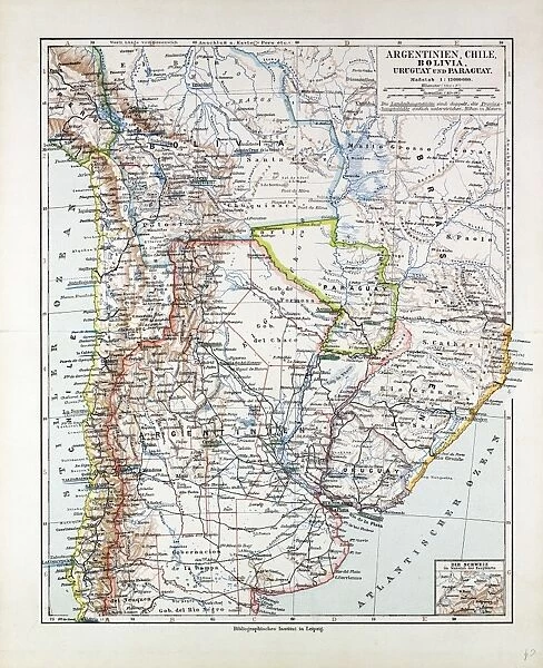 Map of Argentinia, Chile, Bolivia, Uruguay and Paraguay, 1899