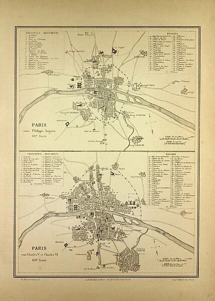 Map of Paris in the 12th Century and in the 14th Century, France