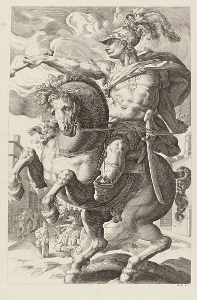 Marcus Curtius on horseback, print maker: Herman Daniel van Perls, Hendrick Goltzius