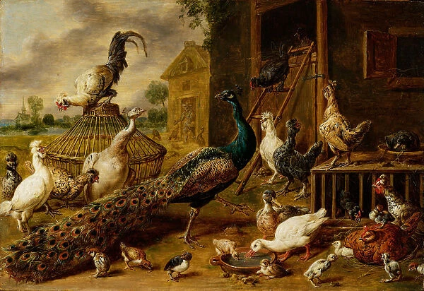 Poultry yard 1650 oil oak 39 x 60 cm signed dated right