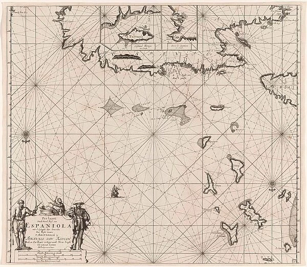 Sea chart of the north coast of Hispaniola, with two insert cards, print maker: Jan