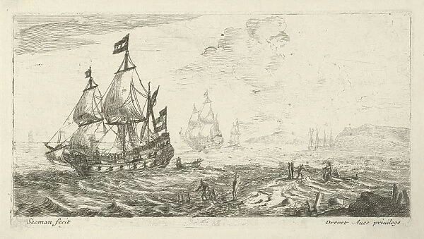 Ships before coast, print maker: Anonymous, Reinier Nooms attributed to, Pierre Drevet