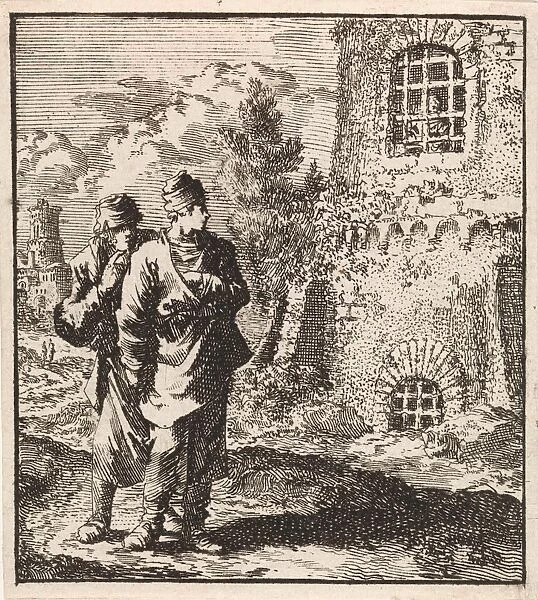 Two travelers watching a man behind the bars of a prison, print maker: Jan Luyken, wed