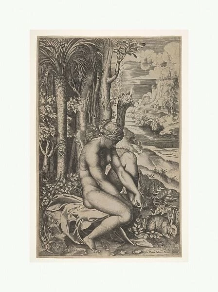 Venus removing thorn left foot seated cloth beside trees