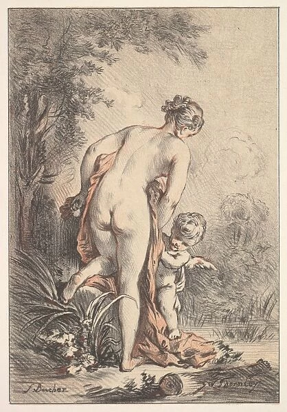 Woman Drapery Putto Venus Cupid? 1881 Colored lithograph