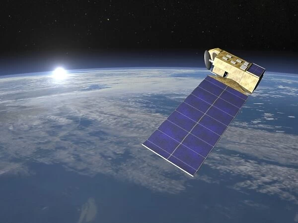 ACRIMSAT satellite orbiting Earth and rising Sun
