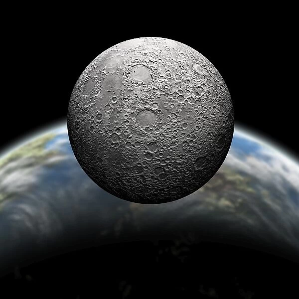 Artists depiction of a heavily cratered moon in orbit around its home planet
