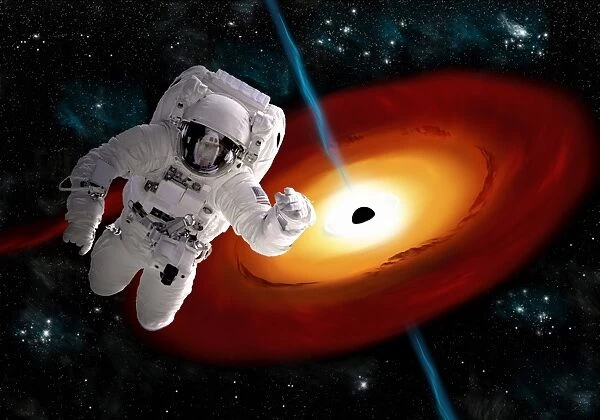 An astronaut floating in outer space as he is pulled towards a massive black hole