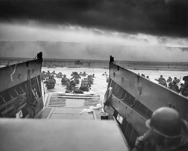 Digitally restored World War II photo of American troops approaching Omaha Beach