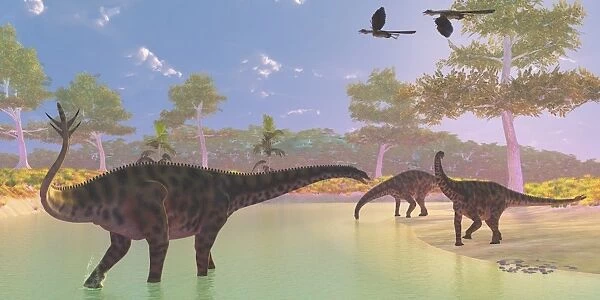 A herd of Spinophorosaurus dinosaurs drinking at a river