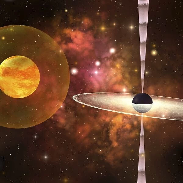 A huge sun encircled by an energy field orbits near a black hole in space