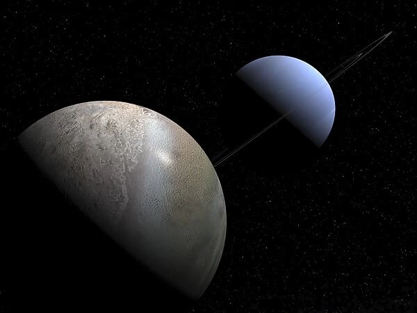 Illustration of the gas giant planet Neptune and its largest moon Triton