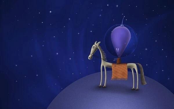 Illustration of a Martian riding a horse atop a planet in outer space
