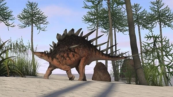 Kentrosaurus walking across a prehistoric landscape