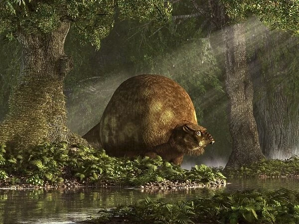 A large Glyptodon stands near the edge of a stream