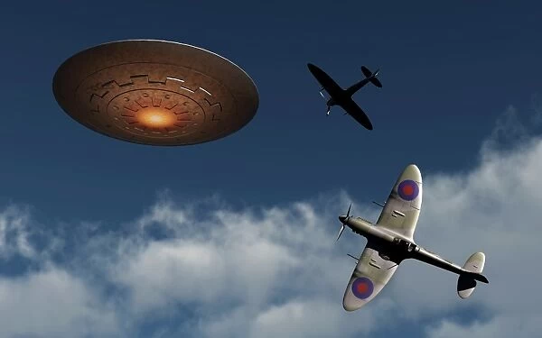 A pair of Royal Air Force Supermarine Spitfires giving chase to a UFO
