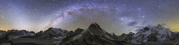 Panoramic view of Mt. Everest, Khumbu glacier, Nuptse and Pumori mountains in Nepal