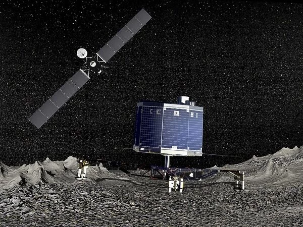 Philae lander on surface of a comet with Rosetta probe above