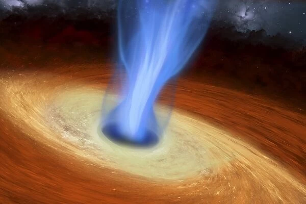 Powerful streams of energy spew out of a black hole in the middle of a galaxy