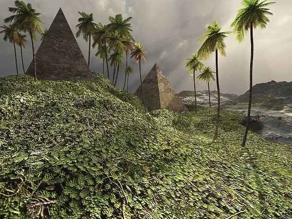 Two pyramids sit majestically among the surrounding jungle