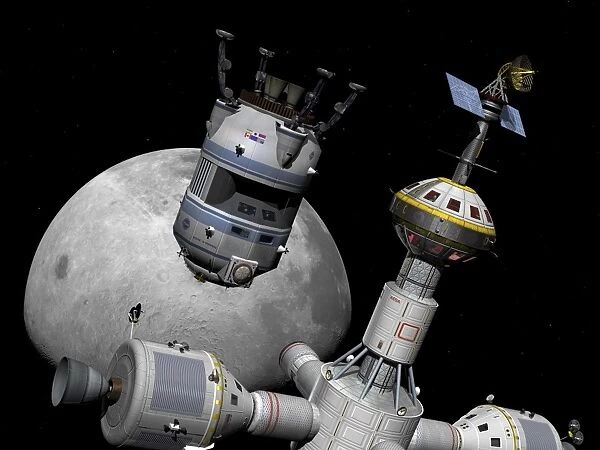 A reusable lunar shuttle prepares to dock with a lunar cycler