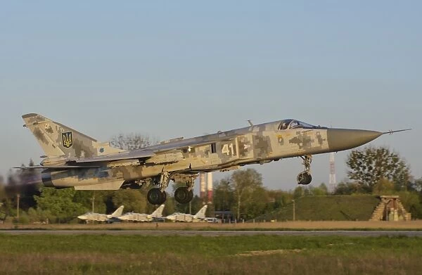 Ukrainian Air Force Su-24 aircraft taking off from Lutsk Air Base, Ukraine
