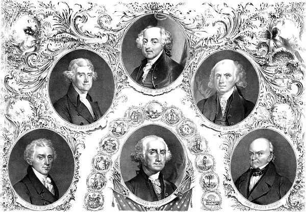 Vintage American history print showing the first six Presidents of The United States