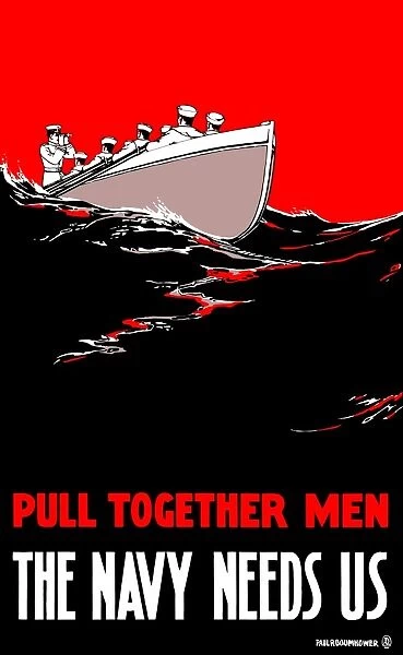 Vintage World War I poster of a group of sailors rowing a boat