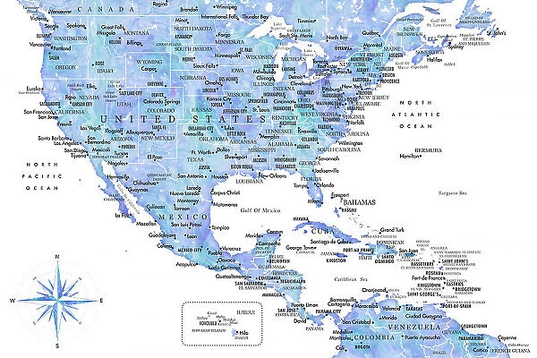 Blue map of USA and the Caribbean sea