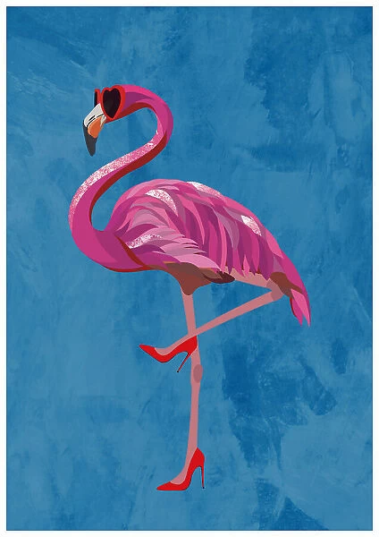Flamingo in heels and heart glasses blue