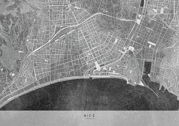 Gray vintage map of Nice downtown France