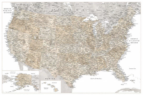 Highly detailed map of the United States and Canada