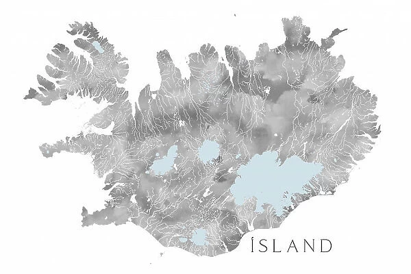 Ísland - Iceland blank map in gray watercolor